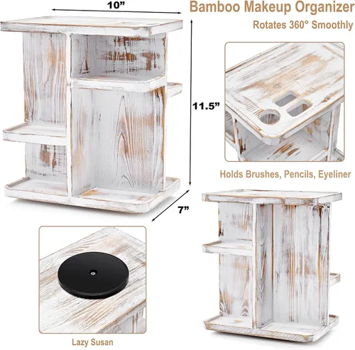Miniatura 3 de Sorbus Organizador de Maquillaje de 360° - Carrusel de Almacenamiento de Madera Rústica Gris para Cosméticos, Maquillaje, Organizador de Cuidado