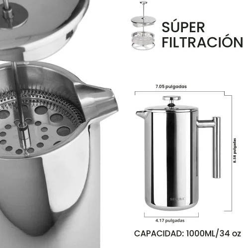 Miniatura 4 de Secura Cafetera de prensa francesa, prensa de café aislada de acero inoxidable de grado 304 con 2 pantallas adicionales, 34 onzas (1 litro)