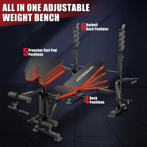 Miniatura 4 de OPPSDECOR ZWX1113 - Juego de banco de pesas 6 en 1 de 900 libras con estante para sentadillas, banco de entrenamiento con extensión de piernas, Rojo