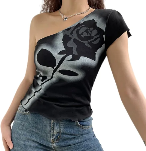 Camiseta corta asimétrica Y2K con estampado vintage y lindo para mujer, estilo vintage, con un hombro, para usar en la calle, estilo corsé
