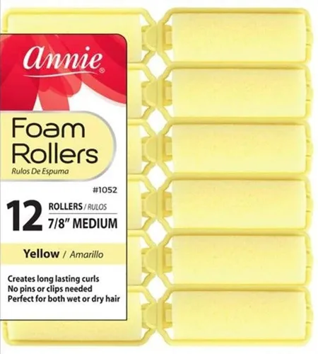 Annie Rodillos de espuma de 7/8 pulgadas, medianos, 12 rizadores de esponja suave amarilla para rizos sin calor, no necesitan alfileres ni clips,