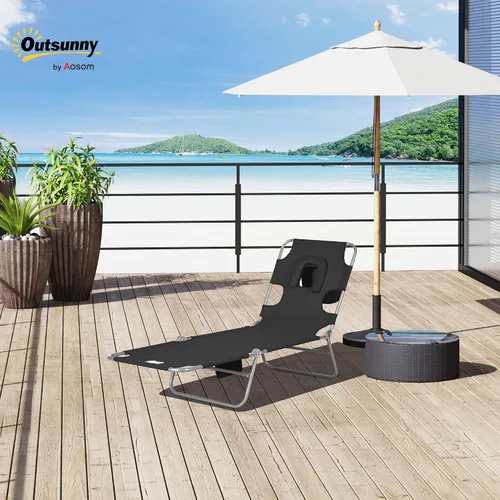 Miniatura 2 de Outsunny Tumbona para exteriores con agujero para el brazo facial, silla de bronceado reclinable de 5 posiciones con correa de transporte, bolsillo