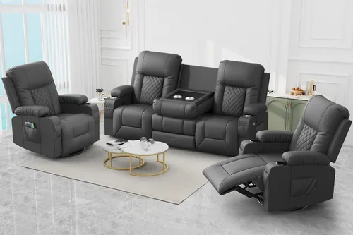 Miniatura 17 de FURNIMAT Sofá reclinable biplaza, sofá reclinable doble de 3 plazas con consola abatible, moderno sofá biplaza de cuero PU para sala de estar/casa