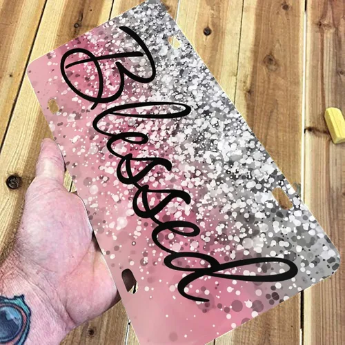 Miniatura 5 de Placa de matrícula delantera cristiana religiosa bendecida con purpurina rosa brillante, placas de matrícula decorativas de aluminio divertidas