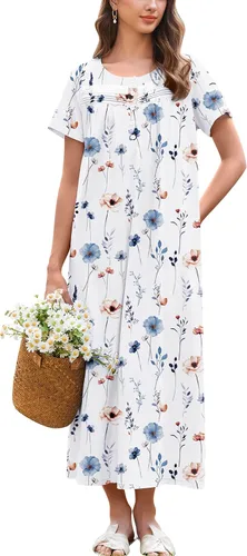 Miniatura 11 de Ekouaer Camisón para Mujeres de Algodón Camisón Largo de Noche Camisón de Manga Corta con Bolsillos Camisón con Botones Ropa de Dormir Suave