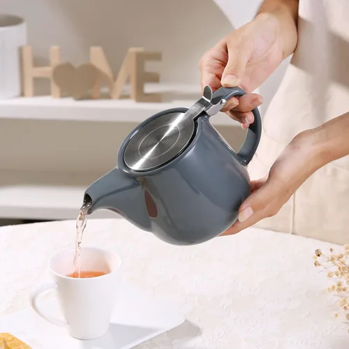 Miniatura 4 de Tetera de cerámica con infusor de acero inoxidable, resistente al calor, perfecta para hacer té, tetera gris 500ml/17oz