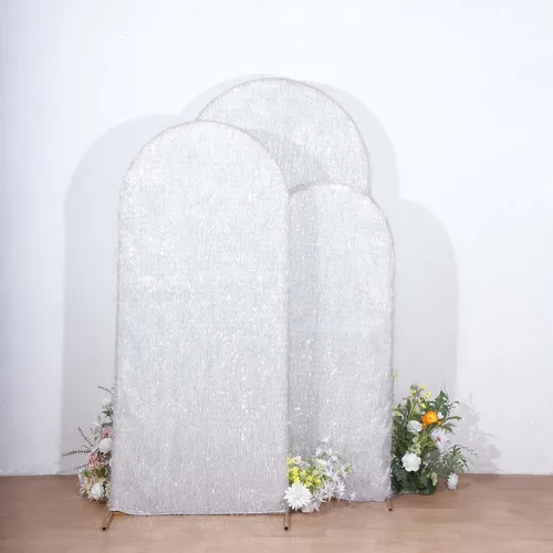 Efavormart - Juego de 3 fundas para telón de fondo con flecos metálicos plateados, fundas ajustables para arcos de boda redondos - 5, 6, 7 pies Plata