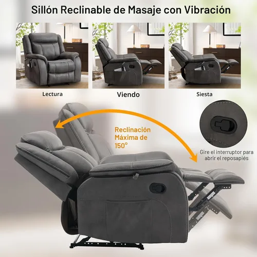 Miniatura 6 de Silla reclinable de masaje con calor, sillas reclinables de piel sintética para adultos, 39 pulgadas de ancho, silla de descanso ergonómica Gris
