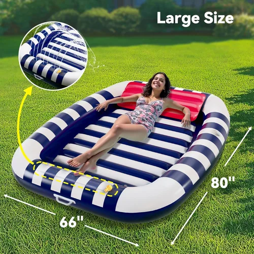 Miniatura 5 de Pool Wave - Flotadores inflables para piscina con aspersor de agua, cama de bronceado grande de 80 x 66 pulgadas para adultos y niños, balsa Azul