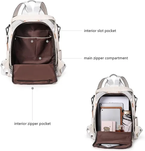 Miniatura 35 de Bromen - Mochila tipo bolso de mano de piel antirrobo para mujer a la moda, Beige floral, L