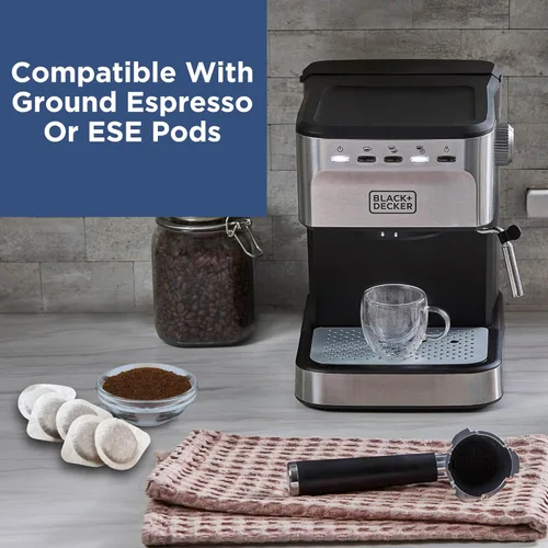 Miniatura 4 de Black+Decker Máquina semiautomática de café expreso y capuchino de 15 bares, máquina versátil con capacidad para usar molidos o cápsulas ESE