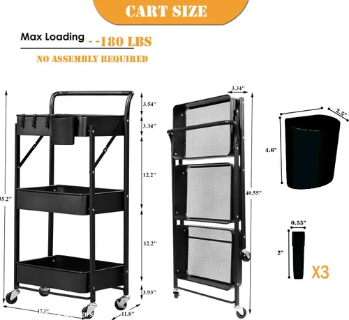 Miniatura 2 de Carrito plegable con ruedas de 3 niveles, carrito de almacenamiento utilitario de metal resistente sin montaje, carritos de cocina plegables sobre