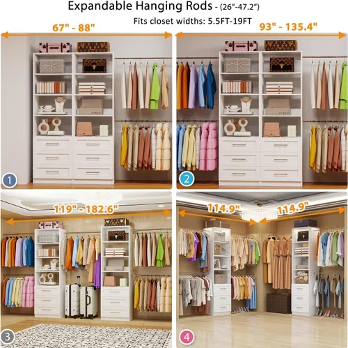 Miniatura 4 de Sistema de armario con 6 cajones, sistema organizador de armario modular de madera con 8 estantes, 8 varillas expandibles para colgar, montaje
