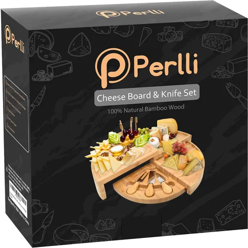 Miniatura 8 de Perlli Juego de tabla y cuchillos de bambú para queso, grande, plegable, de 18 pulgadas, redondo, de madera, giratoria, charcutería, plato