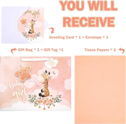 Miniatura 3 de WRAPAHOLIC Bolsa de regalo extra grande de 16" para bebé niña con tarjeta y papel de seda - Para baby shower, bebé recién nacido Jirafa bebé niña