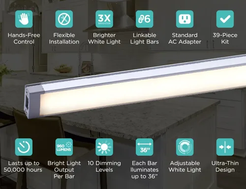 Miniatura 7 de PureOptics LED Kit de luz para debajo del gabinete, sensor de movimiento, regulable, enlazable, 3 configuraciones de color, sin herramientas