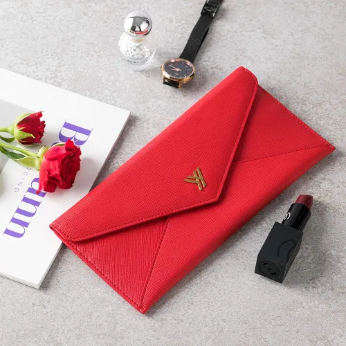 Miniatura 2 de YBONNE Cartera larga RFID que bloquea el bolso del sobre de las mujeres, hecho de cuero Saffiano (rojo)