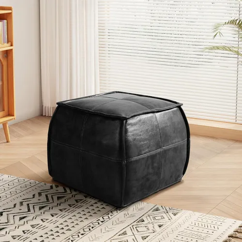 Miniatura 10 de Otomano Redondo de Cuero, Otomano Relleno Hecho a Mano, Puf de Cuero Genuino, Puf Reposapiés, Asiento Cómodo y Suave para Sala de Estar y Dormitorio