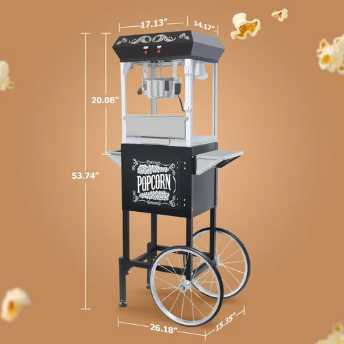 Miniatura 6 de Carro de máquina de palomitas de maíz de 8 onzas, 650 W, máquina para hacer palomitas de maíz con hervidor de acero inoxidable, máquina de palomitas
