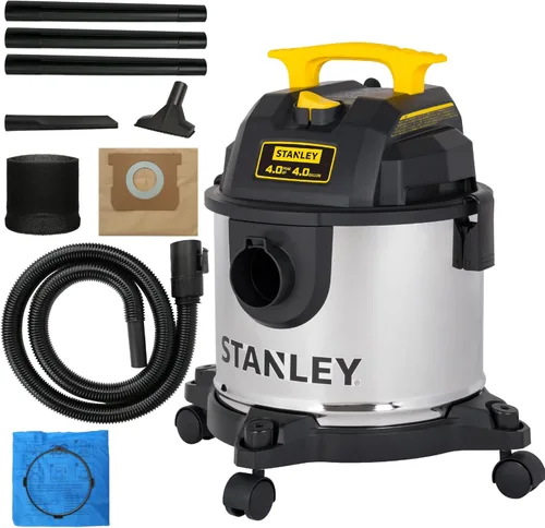 STANLEY Aspiradora húmeda y seca de 4 galones, soplador de vacío 3 en 1 de 4 picos HP de acero inoxidable con potente succión, aspiradora para lugar