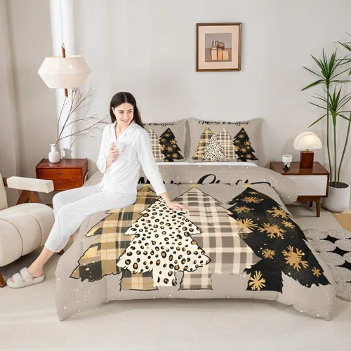 Miniatura 11 de Juego de edredón de Feliz Navidad para niños, tamaño twin, juego de ropa de cama de camión rojo árboles de pino copos de nieve, decoración