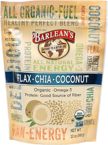 Barlean's Mezcla Orgánica de Semillas de Lino, Chía y Coco con 2,330 mg de Ácidos Grasos Omega 3, Suplemento de Fibra con Semillas de Chía Enteras y