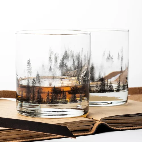 Miniatura 3 de Black Lantern Juego de 2 vasos de whisky, vasos de cóctel antiguos de 11 onzas con ilustraciones de bosque y nubes, vasos de rocas prémium