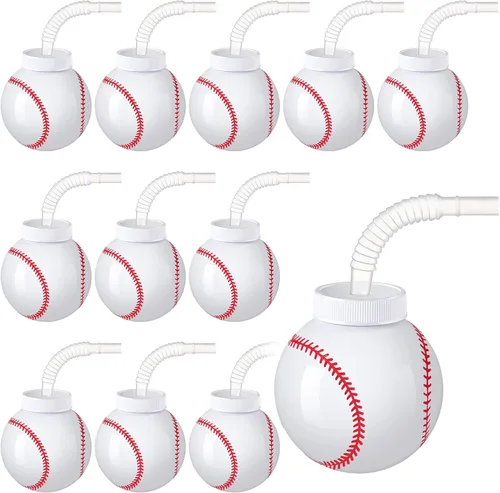 Eaasty Vasos con forma de pelota de béisbol a granel con pajitas y tapas, 10 onzas de plástico reutilizables para fiesta de béisbol, regalos de