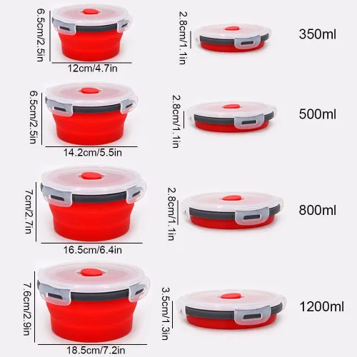 Miniatura 4 de Guyuyii Paquete de 4 Cuencos Plegables de Silicona con Tapas - Recipientes Redondos Anidables de Almacenamiento de Alimentos para Camping, RV y Rojo