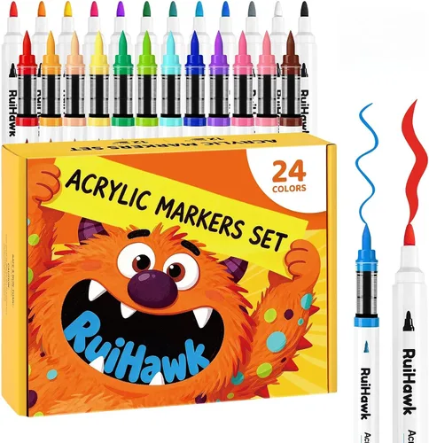 Marcadores de pintura acrílica de 24 colores, 12 pinceles + 12 bolígrafos de pintura con punta de bala - vívidos, no tóxicos, de secado rápido, no