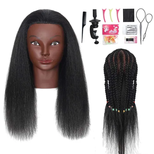 Miniatura 7 de Cabeza de maniquí de 16 pulgadas, 100% cabello humano, para peluquería, entrenamiento, trenzar, peinar, cosmetología, maquillaje, práctica