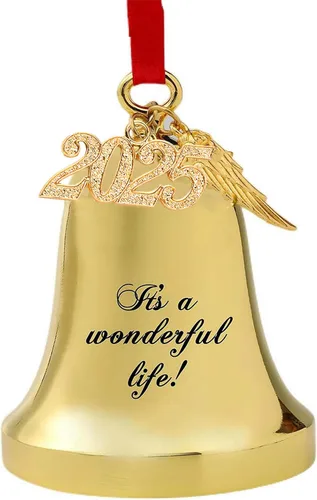 JUPPE It's A Wonderful Life Adorno de campana de Navidad, adorno de campana dorada grabada con ala de ángel y dije 2025 (dorado)