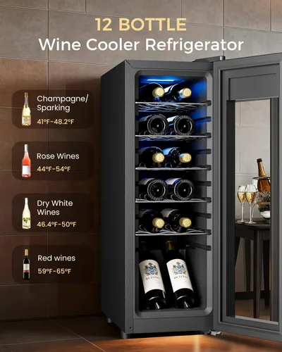 Miniatura 2 de Feelfunn Refrigerador de vino de 12 botellas – Pequeño refrigerador de vino para tinto, blanco, champán, bodega independiente con puerta de vidrio