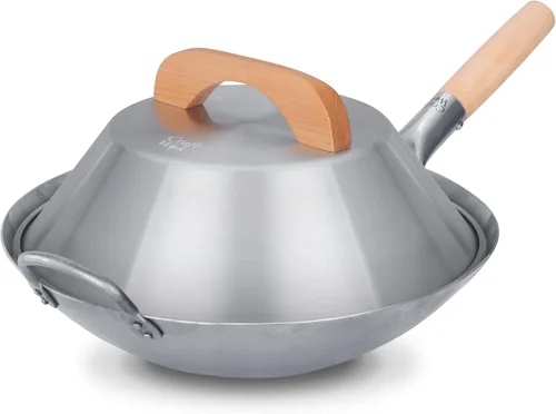 Craft Wok Wok plano de 14 pulgadas con tapa, juego de tapa tradicional de acero al carbono martillado y cúpula para pow wok, parte inferior plana
