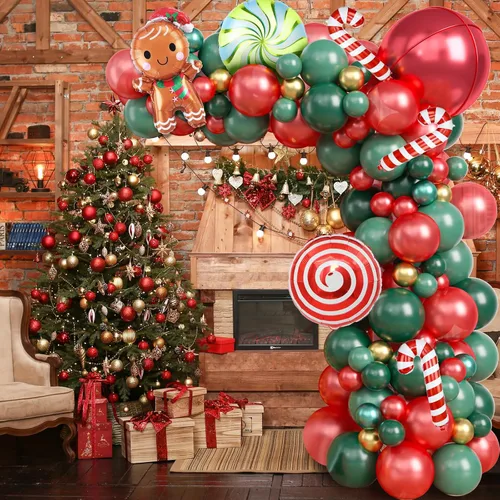 Miniatura 6 de Kit de Guirnalda de Globos de Navidad, 108 Piezas Globos Retro Verde Oscuro Rojo Oro Arco con Globos 4D, Globos de Caramelo en Forma de Bastón