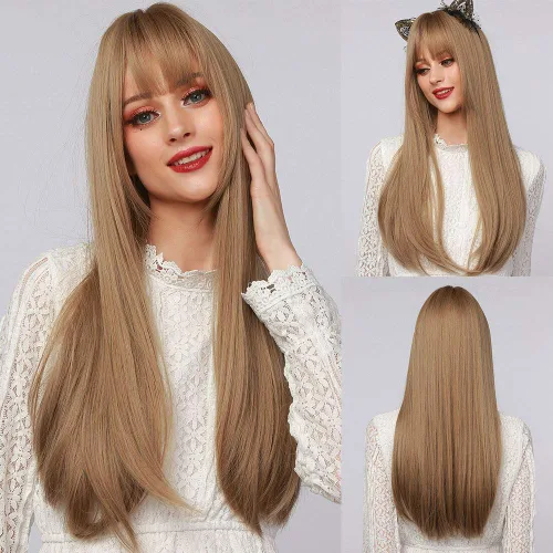 Miniatura 12 de EMMOR Peluca rubia con flequillo para mujer, pelucas largas y lacias, peinado sintético en capas para niñas, fiesta, cosplay y uso diario