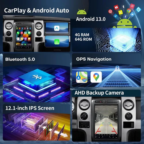 Miniatura 4 de Radio de coche 4+64G para Ford F150 2009 2010 2011 2012 Radio estéreo inalámbrico Carplay Android Auto 12.1 pulgadas QLED pantalla FM/AM cámara