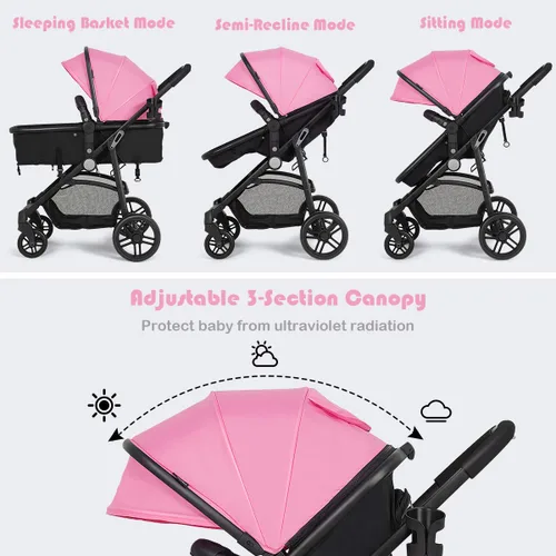 Miniatura 3 de BABY JOY Cochecito de bebé, 2 en 1 Carriola convertible de cuna a cochecito, silla de paseo con cubierta para pies, portavasos, gran espacio de Rosa