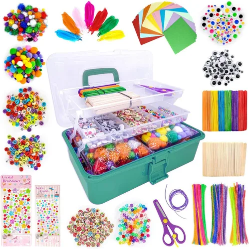 Miniatura 7 de kortes Suministros de arte y manualidades jumbo para niños, juego de suministros de arte de bricolaje incluye limpiapipas, pompones, plumas, caja