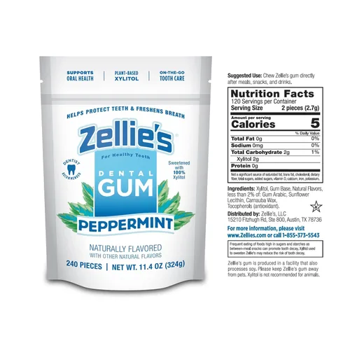 Miniatura 2 de Zellies Chicle de 100% xilitol sabor menta piperita Sin aspartamo, sin gluten, vegano y kosher (240 unidades - paquete de 1)
