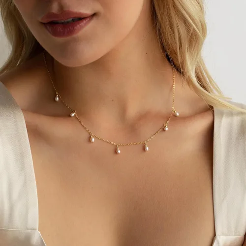 Miniatura 4 de Ieftop Collares de perlas para mujer, chapado en oro de 14 quilates, hecho a mano, delicado collar de cadena de perlas de agua dulce, collar