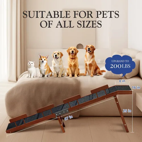 Miniatura 7 de Easyego Rampa plegable para perros para cama, rampa de madera para mascotas de 74 pulgadas con rieles laterales y alfombra de alta tracción, Nogal
