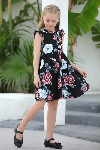 Miniatura 3 de GORLYA Vestido midi vintage para niña de 4 a 12 años con estampado floral y volantes, manga con volantes y bolsillos