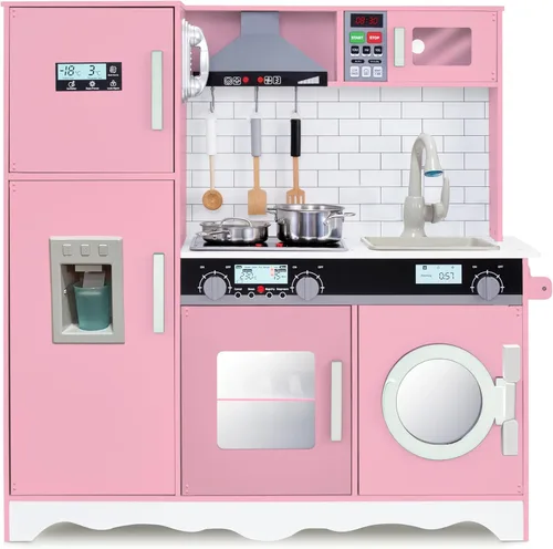 Lil' Jumbl Juego de cocina rosa para niños, cocina de juego de madera de simulación, máquina de hielo a pilas, microondas, campana extractora,