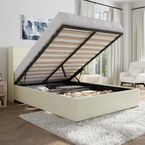Miniatura 11 de SHA CERLIN - Cama de tamaño completo con almacenamiento elevado/Cabecero abatible moderno/Base de cama tapizada con plataforma/Almacenamiento Beige