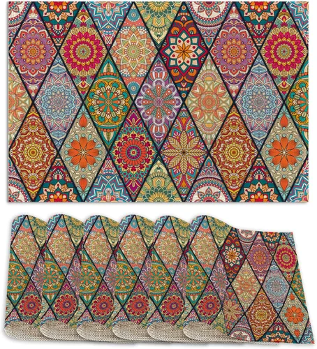 Juego de 6 manteles individuales bohemios lavables y coloridos antideslizantes, resistentes al calor, de 12 x 18 pulgadas de grosor, manteles