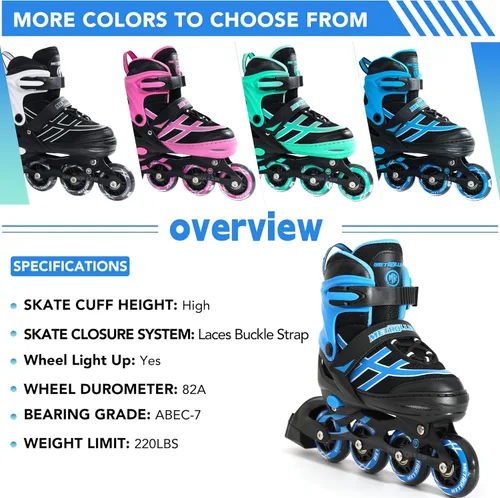 Miniatura 6 de METROLLER Patines en línea para niñas y niños Edades 5-8 8-12 Patines en línea ajustables con ruedas iluminadas Patines en línea para jóvenes y Azul