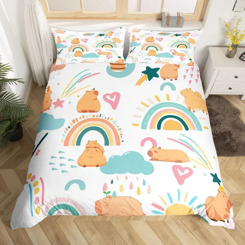 Miniatura 3 de Erosebridal Capybara - Juego de funda de edredón para dormitorio, 2 piezas, diseño de arco iris, tamaño individual, para niñas, funda de edredón