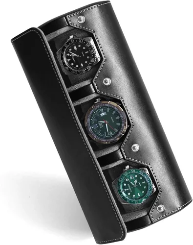 Caja organizadora de relojes para hombre, rollo de viaje, portátil, 3 relojes, almacenamiento con secciones de terciopelo para sostener reloj grande