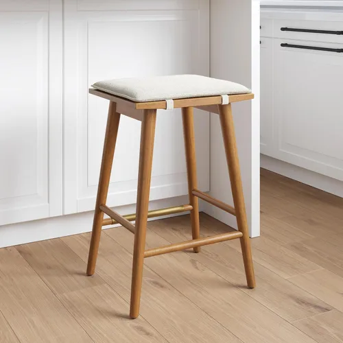 Nathan James Barker Taburete de bar de altura de mostrador de madera maciza con cojín tapizado, taburete de isla sin respaldo con patas de madera de